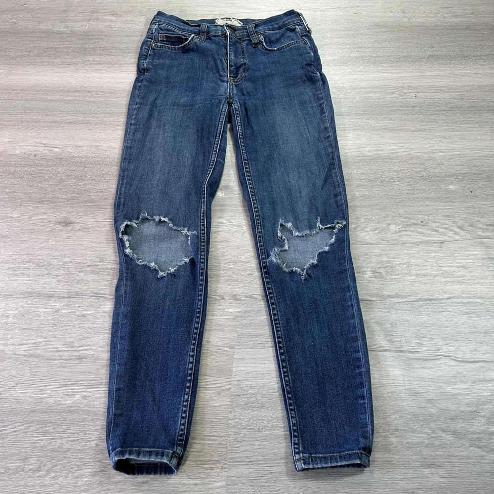 Free People Skinny Jeans Womens 24 Blue Dark Wash Ripped Knees Stretch Denim